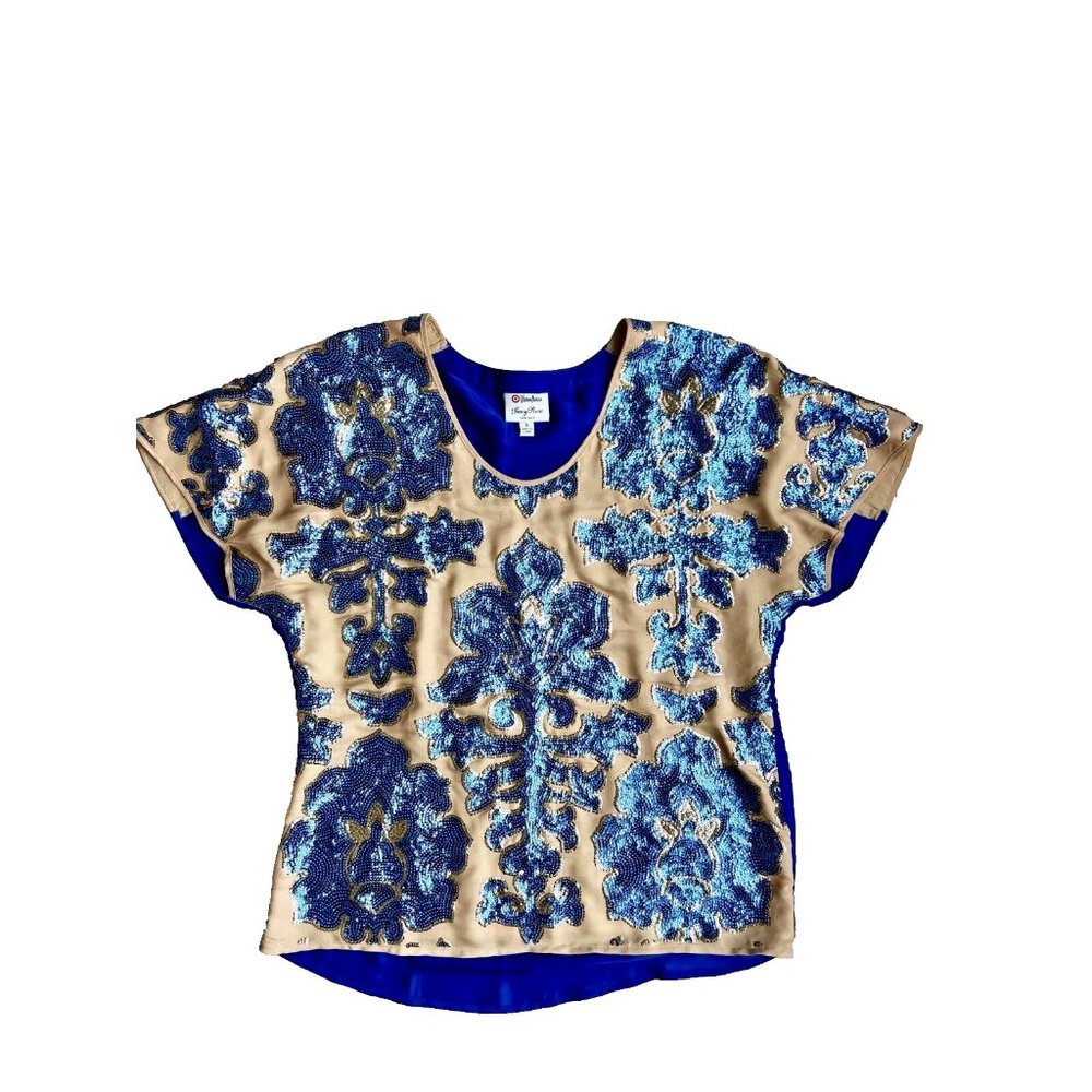 Tracy Reese x Neiman Marcus Sequin Floral Blouse Blue / Beige ( S )